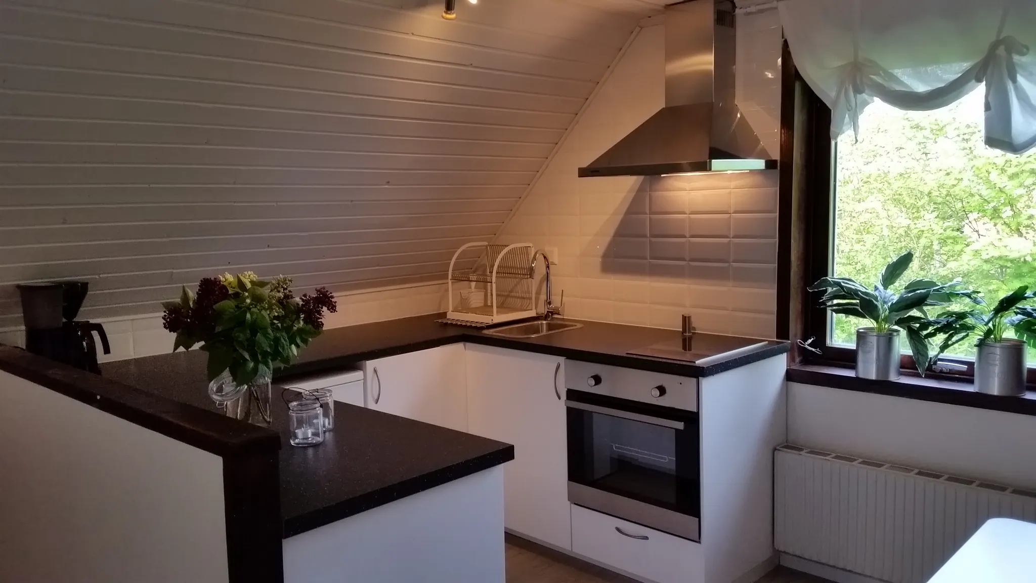 Kitchen under a sloping ceiling, with induction hob, oven, extractor hood and a breakfast bar